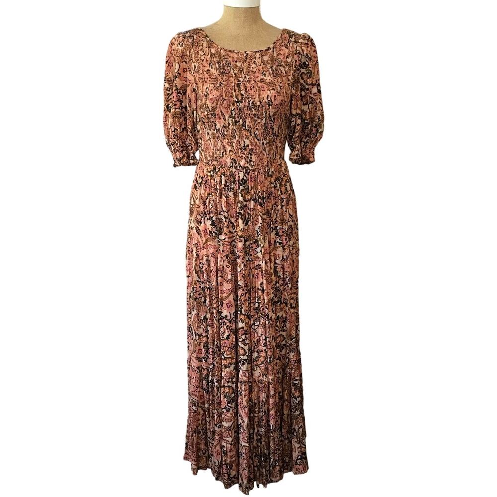 Vici Printed Puff Sleeve Smocked Bodice Tiered Maxi Floral Dress EUC Size Small
